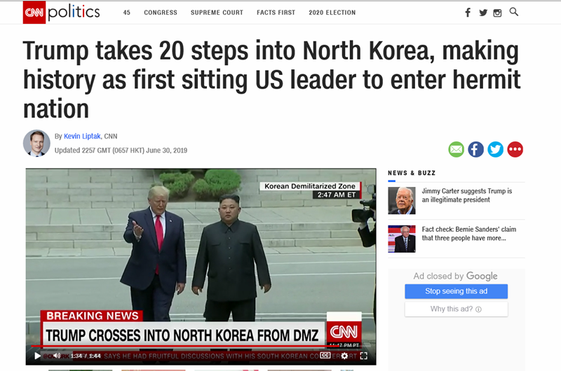 CNN on June 30 reports on the meeting of the leaders of North Korea and the U.S. at the Demilitarized Zone on the inter-Korean border with the headline “Trump takes 20 steps into North Korea, making history as first sitting US leader to enter hermit nation.” (Captured from CNN website)