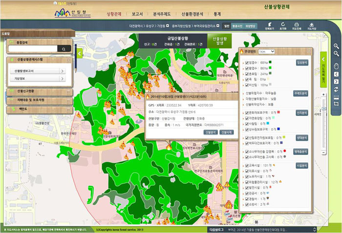 The Korea Forest Service's new comprehensive monitoring system analyzes and keeps track of forest fires. 