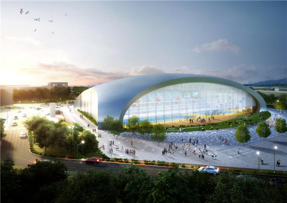 The Kwangju Women's University Universiade Gymnasium (top) and the Nambu University International Aquatics Center are being built for the 28th Summer Universiade Gwangju. 