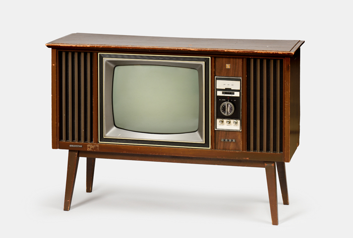 A black-and-white television set from the 1970s.