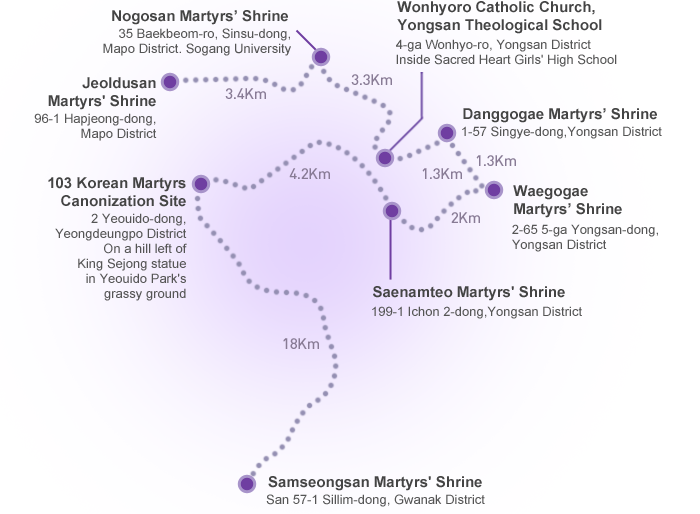 A map of the Accord Trail, one of the three pilgrimage routes across Seoul. 