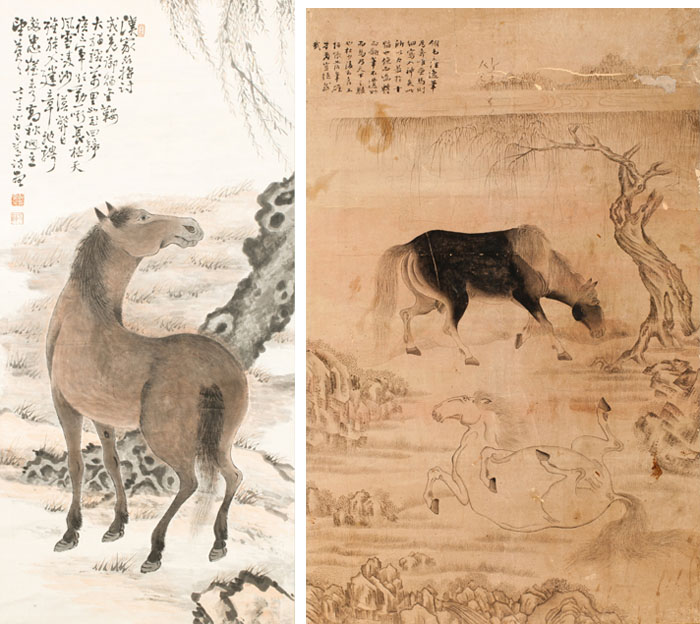 (Left) The painting <i> Yuhamado </i> depicts a horse under a willow tree. The willow symbolizes the longevity of a dynasty and the horse symbolizes loyalty and high government positions. (Right) The painting <i> Gonmado </i> shows two horses, symbolizing a happy marriage and many children. (Photos courtesy of the National Folk Museum of Korea)
