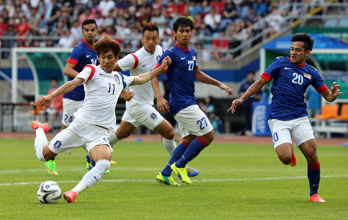  During a Group A match against Malaysia at the Munhak Stadium in Incheon on September 14, Yun Il-lok aims for the goal. (photo: Yonhap News) 