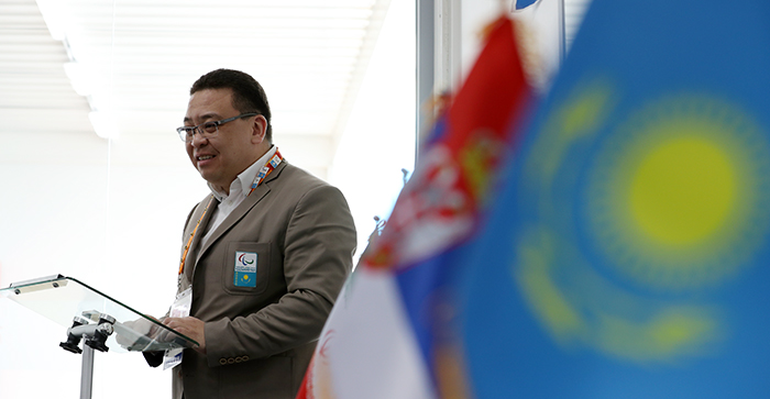 Kazakhstan's President Kairat Boranbayev of the National Paralympic Council (NPC) emphasizes the importance of the Paralympics during a gift presentation ceremony of encouragement for athletes from developing countries at Korea House in the Gangneung Olympic Park on March 10. (Jeon Han)