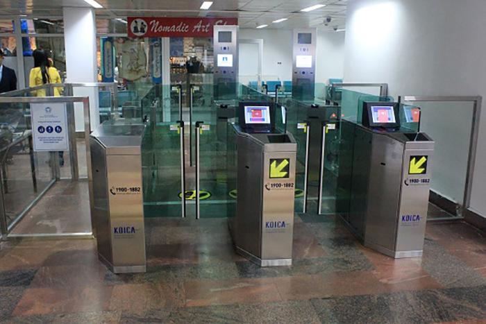 New turnstiles and kiosks that use a Korean smart entry immigration screening service are installed at Chinggis Khaan International Airport in Ulaanbaatar.