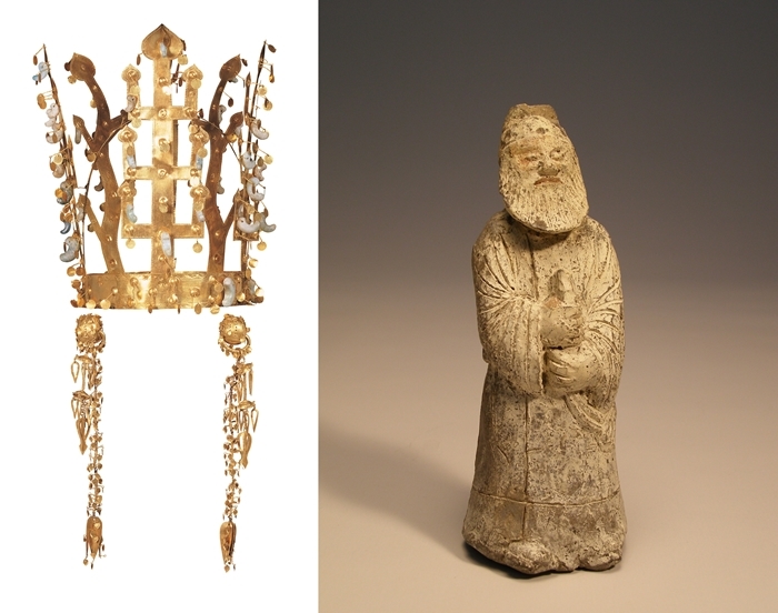 This gold crown and a sculpture of an Arab are both from the Silla era (57 B.C. – A.D. 935).