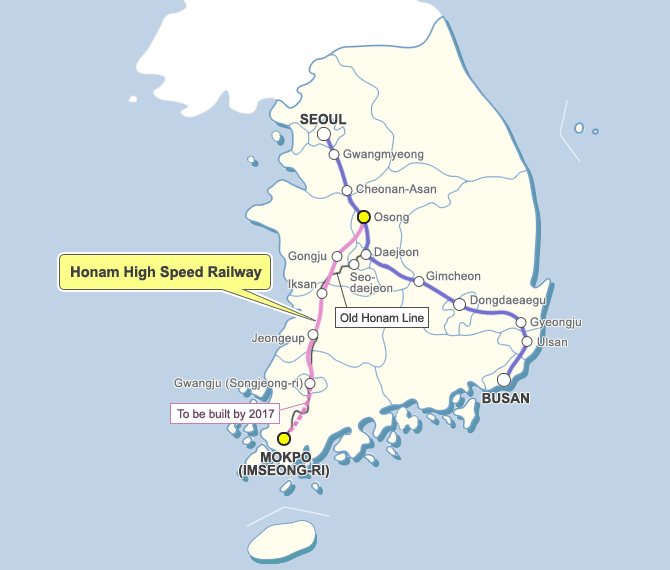 A map of the Honam High Speed Railway