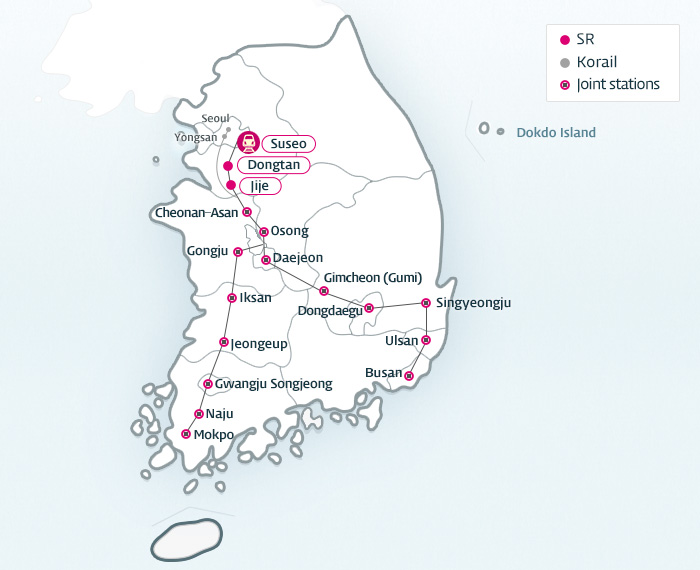 SRT travels from Suseo Station in Seoul, passes by newly built Dongtan and Jije stations, and then runs the existing high speed train routes.