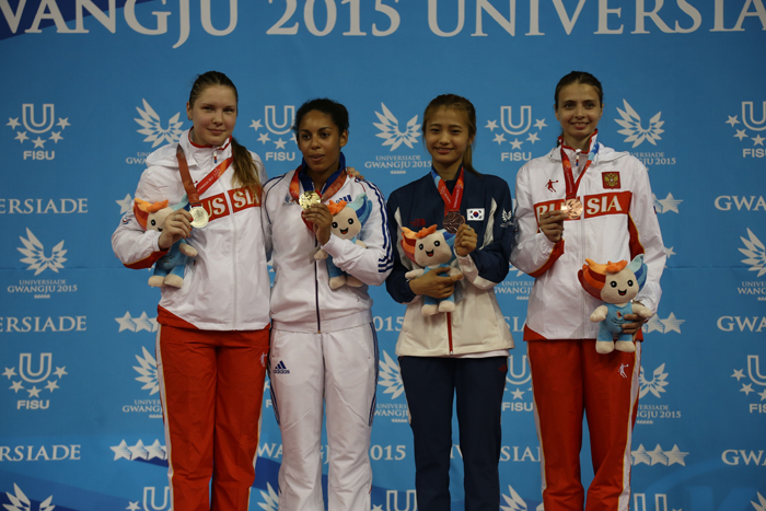 (From left) Kristina Novalinska from Russia (silver), Jeromine Frederique Mpah Njanga from France (gold), Hong Hyo jin (bronze) from Korea and Svetlana Tripapina (bronze) from Russia stand on the podium after the women's foil fencing final on July 5.