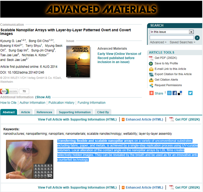  The results of the research on technology to transfer nanopillar arrays on various substrates is published online by the Advanced Materials Journal. 