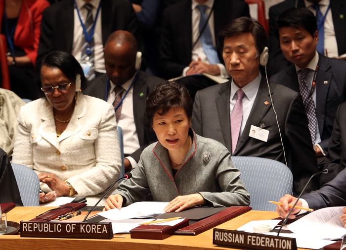 President Park Geun-hye speaks during the Security Council Summit at U.N. headquarters in New York on September 24. (photo: Yonhap News) 