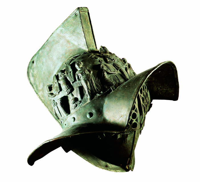  A bronze helmet, as used by Roman gladiators who fought in coliseums, is on display at the National Museum of Korea. 
