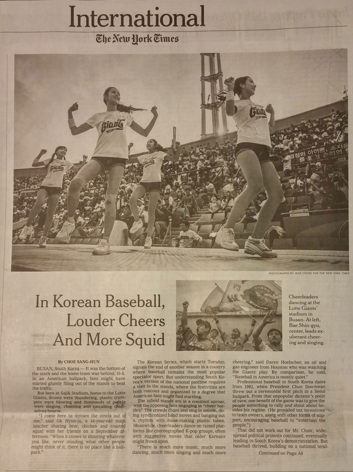 The New York Times describes the atmosphere in a ballpark in its article, 