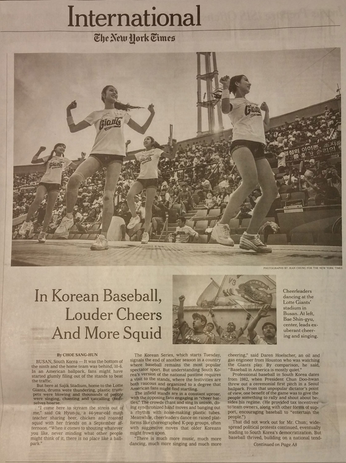 The New York Times describes the atmosphere in a ballpark in its article,