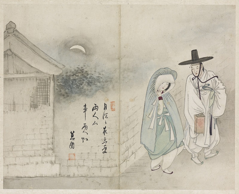 "Weolha Jeongin" (월하정인, 月下情人) is a genre painting by Shin Yoon-bok, an artist of the late Joseon Dynasty (1392-1910), that depicts a lovers
