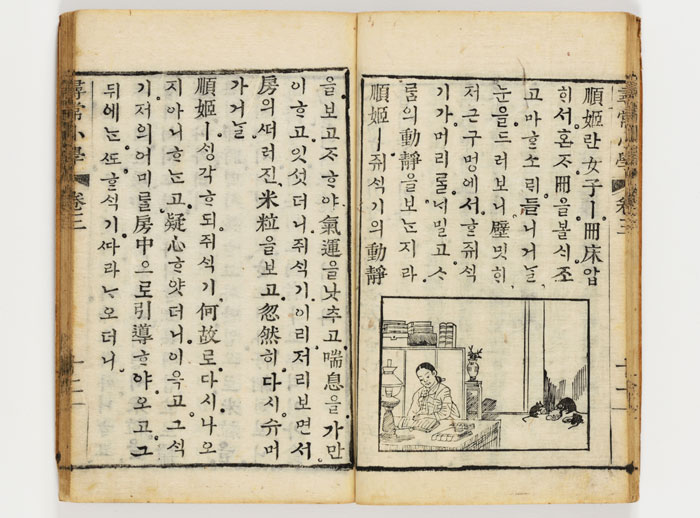 The ‘<i>Sinjeong simsang sohak</i>’ (신정심상소학, 新訂尋常小學) from 1896 is the first elementary textbook published with drawings, teaching the moral lessons that children are required to learn.