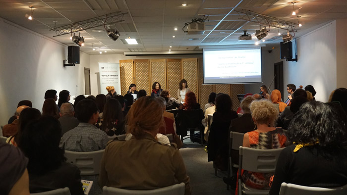 Gong Ji-young, a novelist, and Moon Chung-hee, a poet, talk with Spanish readers during a Korean literature event held at the Korean Cultural Center in Madrid on April 22. 