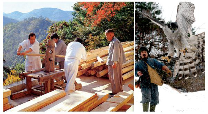 Daemokjang refers to a master carpenter or artisan who builds important buildings such as palaces, temples, and houses, or to their craftsmanship. (left) Falconry, the traditional activity of keeping and training falcons and other raptors to capture wild game or fowl for the hunter, is one of the oldest hunting sports known to man. (right)