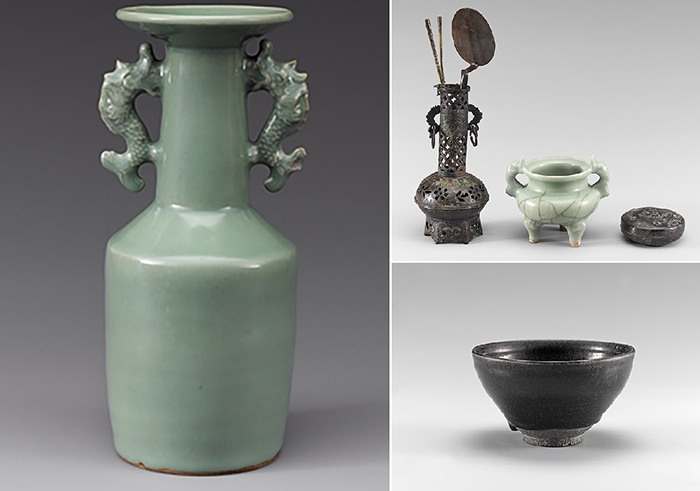 (From left, clockwise) A celadon vase with two handles, tools for burning incense and a black tea bowl. The upper class peoples in China and Japan enjoyed drinking tea, burning incense and arranging flowers. Reflecting these tastes, items related to tea, incense and flowers were considered important trade items during the 1300s across East Asia.