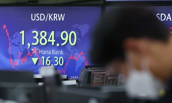 KRW-USD exchange rate falls under 1,400 level