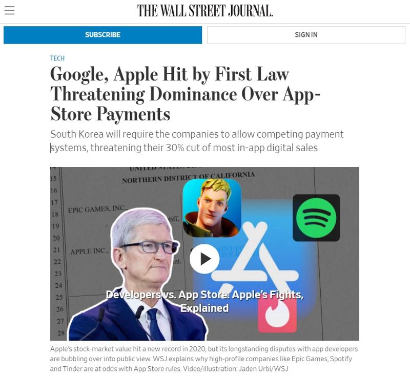 Wall Street Journal über das neue Gesetz in Korea gegen Google und Apple's In-App-Zahlungen