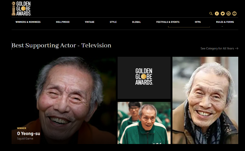 O Yeong-su of “Squid Game” on Jan. 9 won the Golden Globe for Best Supporting Actor -- Television in Los Angeles. (Screen capture from Golden Globes' website)