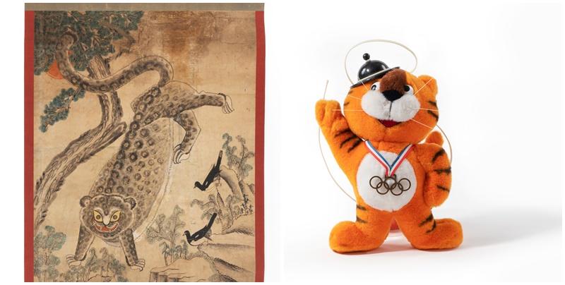 Jakhodo, a traditional painting genre, features a magpie and a tiger, (left) and Hodori was the official mascot of the 1988 Seoul Summer Olympics. (National Folk Museum of Korea)