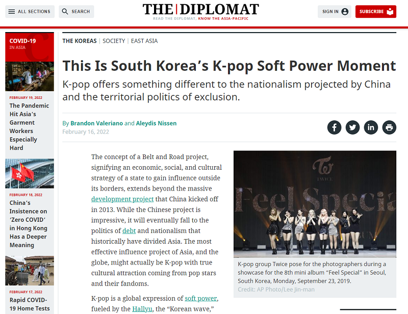 A column on The Diplomat, a U.S.-based diplomacy and security magazine, posted on Feb. 16 called K-pop and Hallyu (Korean Wave) 