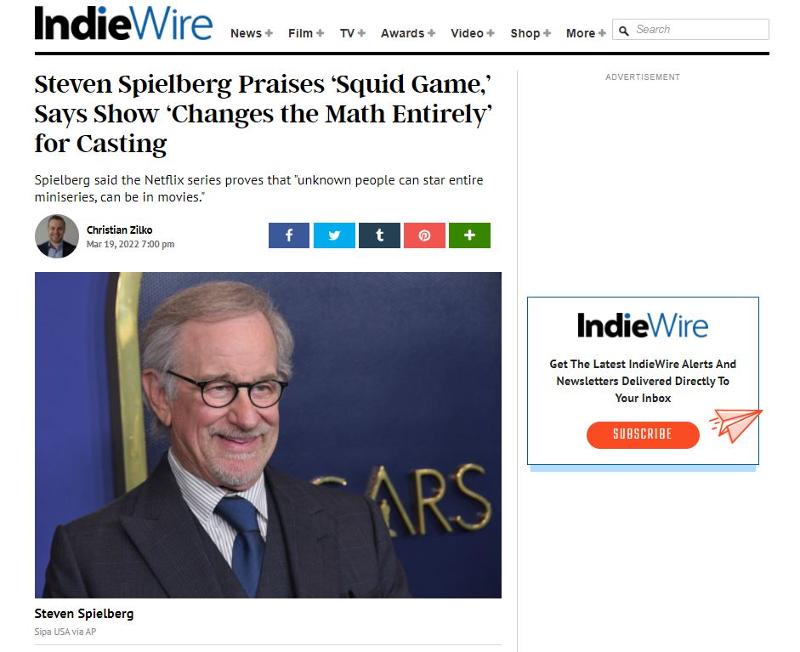 The cinema-centric website Indie Wire on March 21 said director Steven Spielberg hailed the Korean Netflix TV series 