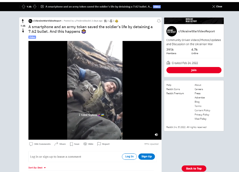 A video of a Samsung Galaxy smartphone saving a Ukrainian soldier's life by stopping a bullet fired by Russian forces has gone viral on the internet. (Screen capture from Reddit)