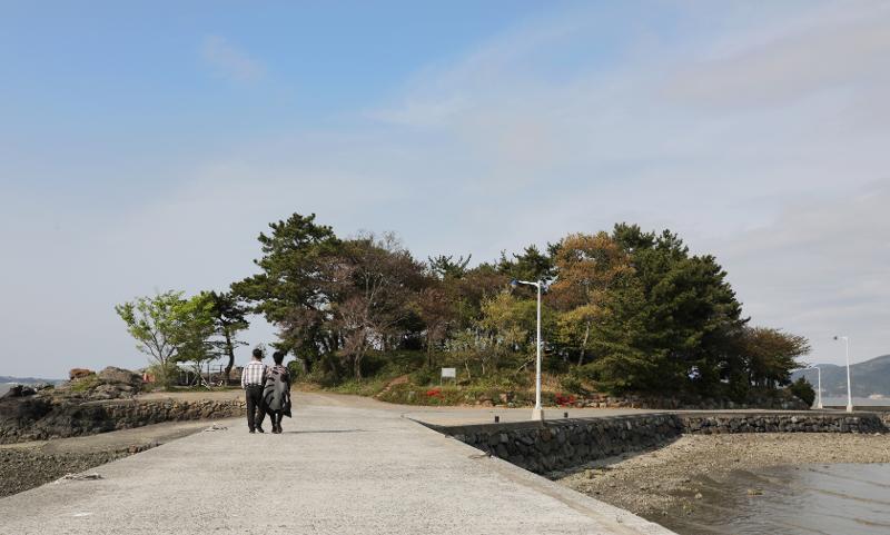 Residents Cho Hea-soon and Jeong Wang-si walk on the path entering Sodo Island. (Lee Jun Young)