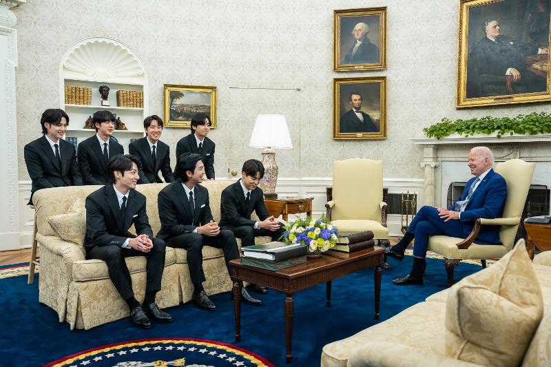 K-pop sensation BTS on May 31 attends a meeting with U.S. President Joe Biden at the Oval Office of the White House in Washington. (Screen capture from President Biden's Twitter)