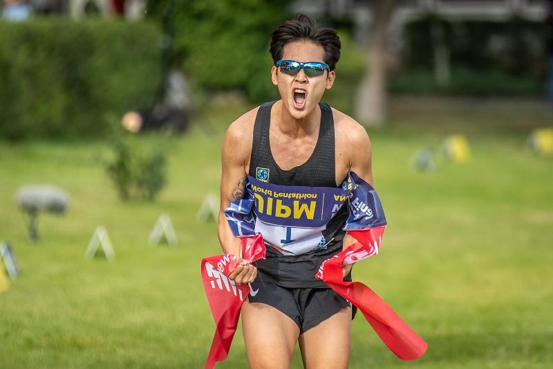 Jun Woong-tae on June 25 celebrates after reaching the finish line first in the men's finals of the World Cup of the International Modern Pentathlon Union (UIPM) in Ankara, Turkey. (UIPM)