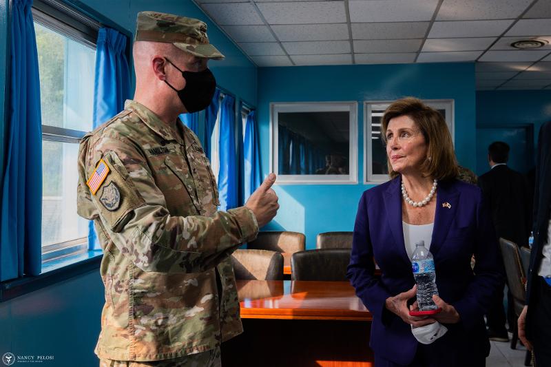 U.S. Speaker of the House Nancy Pelosi on Aug. 4 visits the Joint Security Area in the United Nations peace village of Panmunjeom. (Speaker Pelosi's Twitter account)