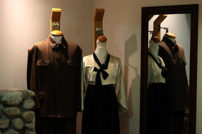 Replicas of North Korean clothing that Kim Il Sung and his wife would have worn are displayed on the second floor of Kim's former vacation home. 