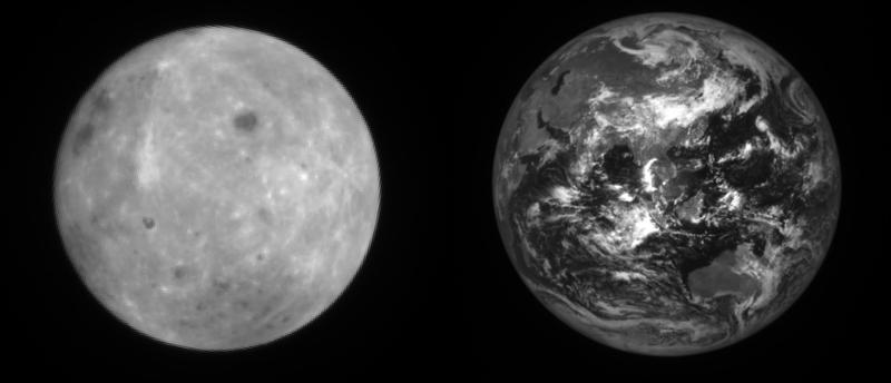 The lunar orbiter Danuri on Aug. 26 took images of the moon (left) and Earth with a high-resolution camera 1.24 million km away from Earth in Korea's first photos taken away from Earth's gravisphere. (Ministry of Science and ICT)