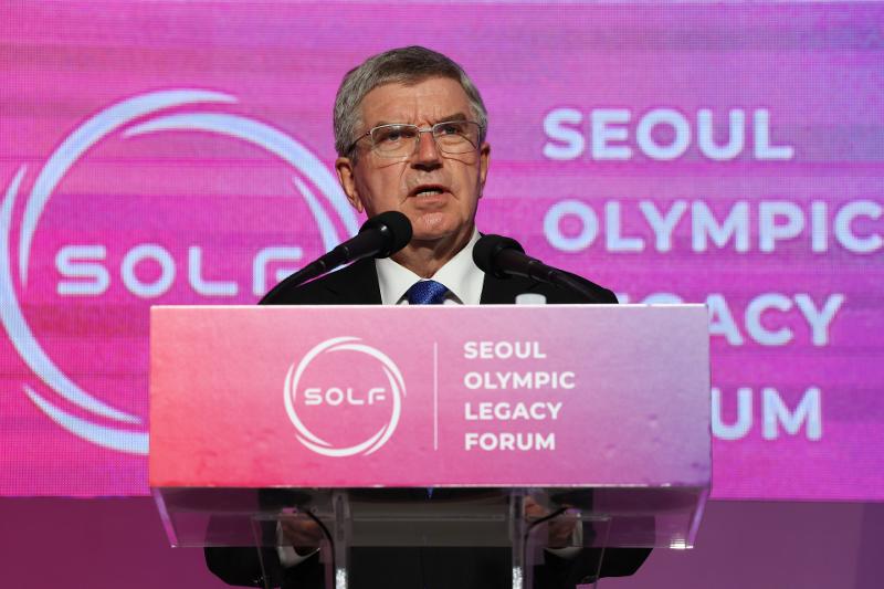 International Olympic Committee (IOC) President Thomas Bach on Oct. 18 delivers the keynote speech at the opening ceremony of the Seoul Olympic Legacy Forum at Seoul Olympic Parktel in the capital's Songpa-gu District. 
