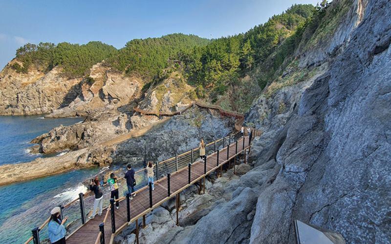 Honorary Reporters on Nov. 2 walk along the Taeha coastal trail in western Ulleungdo. Visitors can view the sea right next to them while hiking on the 637 m-long trail.