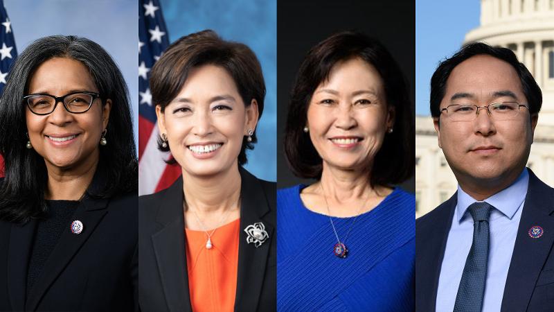 From left are newly elected Reps. Marilyn Strickland (Democrat-Washington), Young Kim (Republican-California) and Michelle Steel (Republican-California) and reelected Rep. Andy Kim (Democrat-New Jersey). (Screen captures from their official websites)