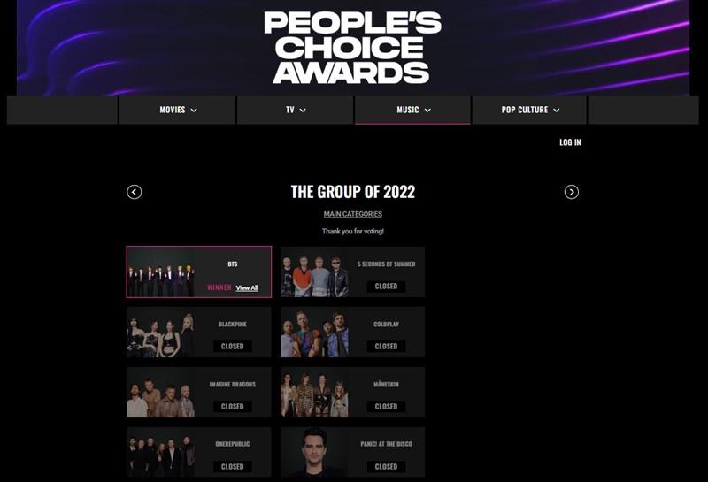 BTS on Dec. 6 in Santa Monica, California, won the People's Choice Awards for the top group and best concert tour. (Screen capture from awards' website)