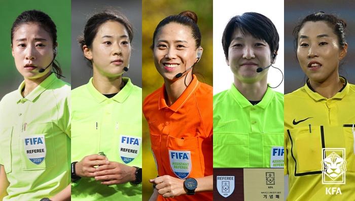 Five Korean referees in July will work at this year's FIFA Women's World Cup soccer finals in Australia and New Zealand. From left are Oh Hyeonjeong, Kim Yujeong, Kim Kyoung Min, Lee Seul Gi and Park Mi-suk (Korea Football Association)