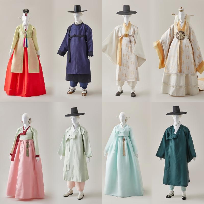 These traditional Hanbok outfits are for (from left clockwise) the traditional coming-of-age ceremony, marriage, a ritual for honoring ancestors and that for wishing for longevity.