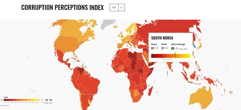 Transparency International on Jan. 31 released its 2022 Corruption Perceptions Index (CPI) and the map above. The brighter the color of a country, the higher the transparency. (Screen capture from TI's website) 