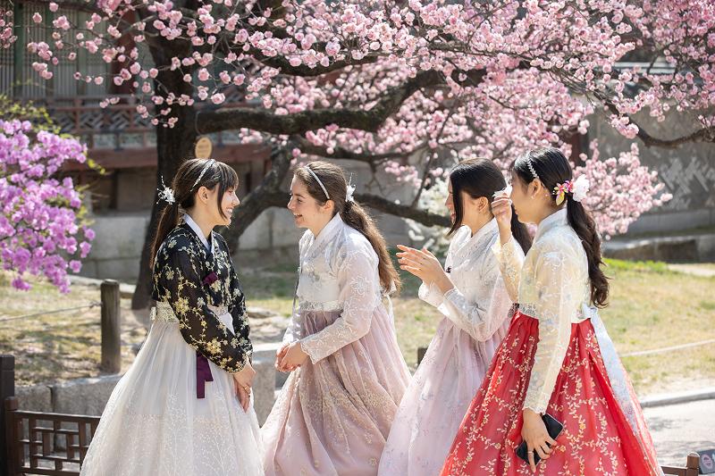  Foreign visitors aged 18 or under from next month can enter leading royal palaces and tombs free. The photo shows people clad in Hanbok (traditional clothing) on March 29 enjoying the spring mood at Changdeokgung Palace in Seoul's Jongno-gu District. (Kim Sunjoo) 