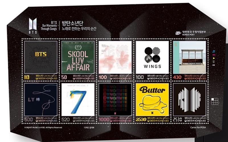 Korea Post under the Ministry of Science and ICT on May 7 said it will issue on June 13 stamps inspired by 10 images of the albums of K-pop sensation BTS including (Dynamite,) (Butter) and (Proof) to mark the 10th anniversary of the boy band's debut. (Korea Post) 
