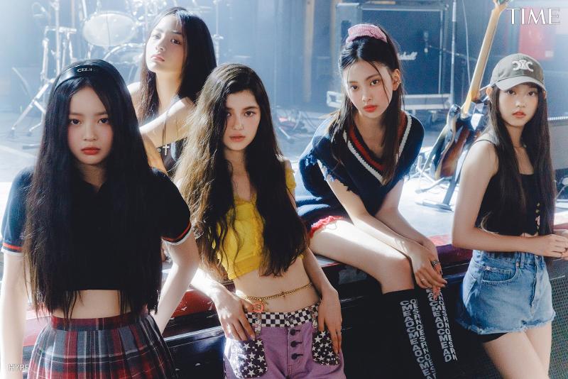 From left are NewJeans members Hanni, Minji, Danielle, Hyein and Haerin. (Time's official Facebook page)