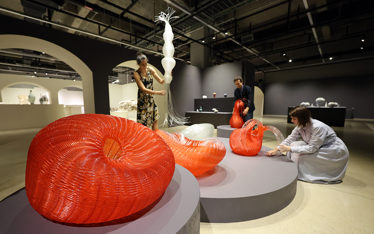 'Two days ahead of the opening of this year's Cheongju Craft Biennale, artists on Aug. 29 check their works at the main building of the Culture Factory in Cheongwon-gu District of Cheongju, Chungcheongbuk-do Province. To showcase some 3,000 works by artists from 57 countries, the event will run from Sept. 1 to Oct. 15 at the Culture Factory under the theme 