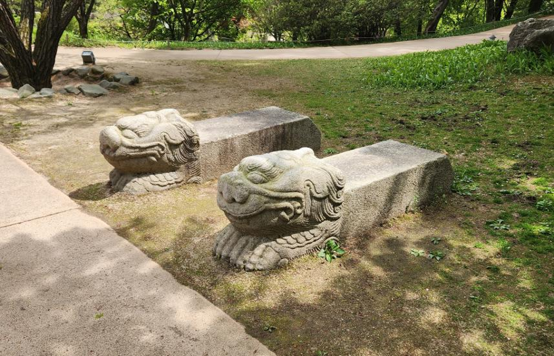 The Cultural Heritage Administration (CHA) has confirmed the finding of a pair of stone sculptures believed to have decorated the front part of a woldae, an elevated stage for royal ceremonies, at Gwanghwamun Gate in downtown Seoul. The two seosu, or an auspicious creature, are shown at their previous home of a garden at Hoam Museum of Art in Yongin, Gyeonggi-do Province. (CHA) 