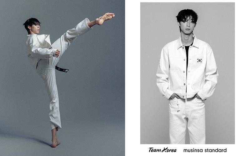 The domestic casual clothing company Musinsa Standard on Sept. 8 unveiled the national team uniform to be worn at the 19th Asian Games in Hangzhou, China, that start on Sept. 23. Shown is national taekwondo competitor Jang Jun wearing the uniform. 