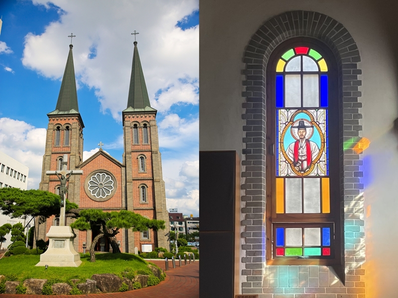 On the left is Gyesan Cathedral in Daegu's Jung-gu District and on the right the image of St. Andrew Kim Taegon as shown on stained glass inside the facility. (Lee Dasom)